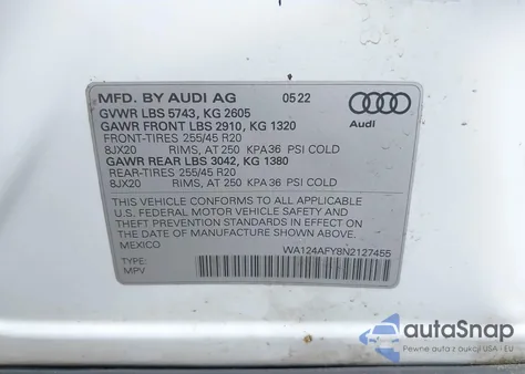 2022 Audi Sq5 Sportback Premium Plus Tfsi Quattro Tiptronic z USA, uszkodzony, nr VIN WA124AFY8N2127455